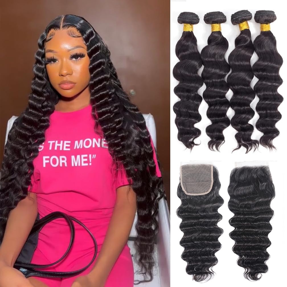 Deep Wave 3 Bundles With Closure - 30 Zoll Loose Wave Echthaar-Bundles und