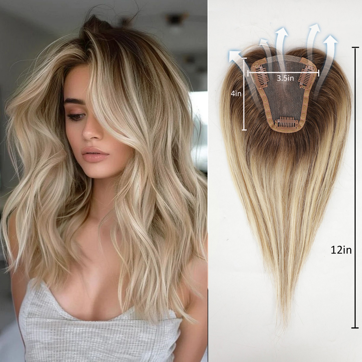 Seamless Clip In Hair Extensions Human Hair - Goldbraune Ombre-Topper aus 100 % Remy-Echthaar,